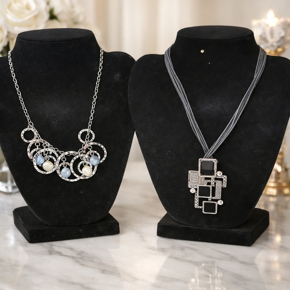 Lia Sophia Silver and Blue Circle Necklace & Black &Silver On Rope Necklaces(2)